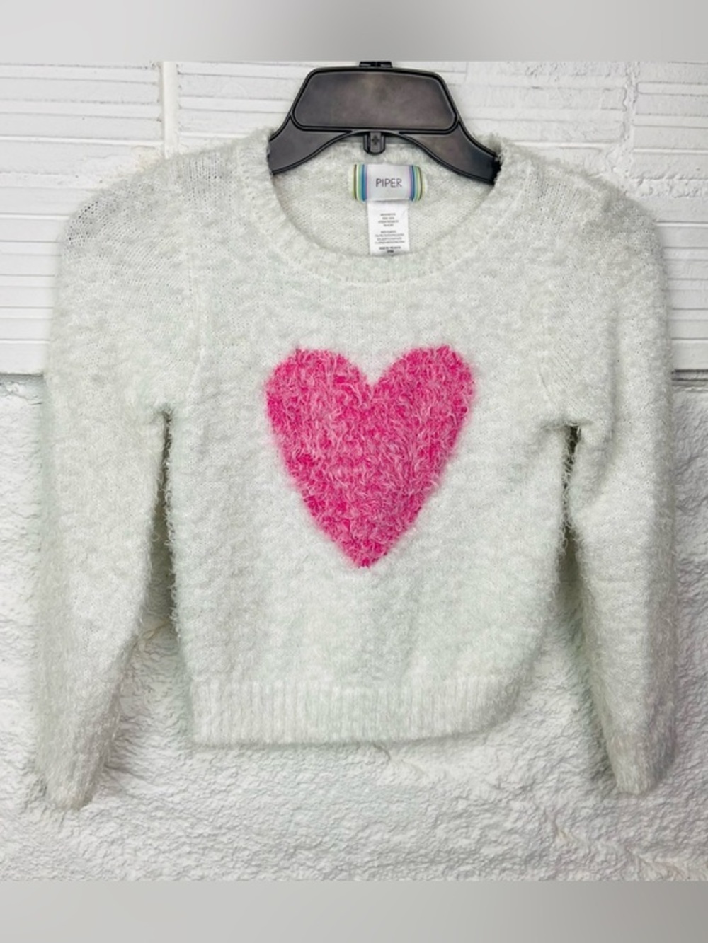 Piper White Fuzzy Heart Knit Sweater - Pink Heart size large 10/12